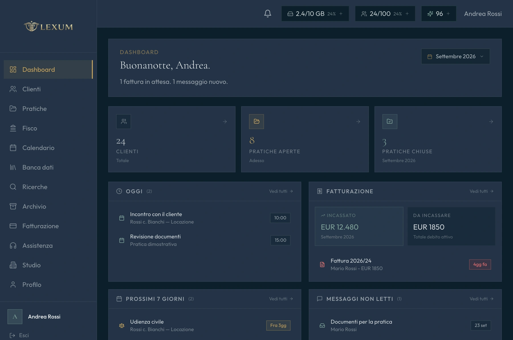 Dashboard originale di Lexum: menu dello studio, clienti, pratiche, agenda e fatturazione con dati dimostrativi
