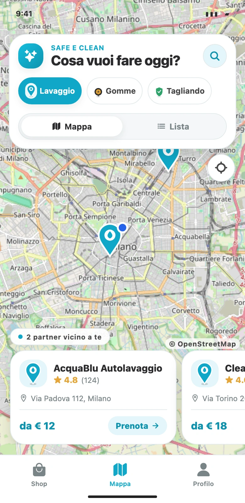 Safe e Clean: schermata Mappa dell’app originale, con filtri Lavaggio, Gomme e Tagliando e prenotazione dei partner