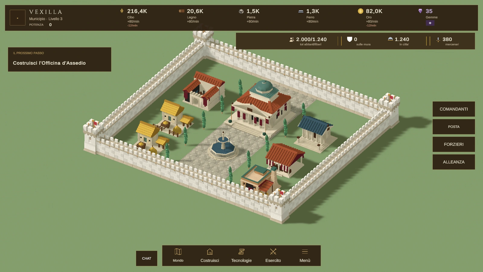 Schermata originale di Vexilla in Unity: città, risorse, costruzioni e comandi di gioco